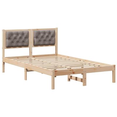 Homgoday Solid Pine Bed Frame with Upholstered Headboard, Taupe, British Double, Modern Style, Model 878202