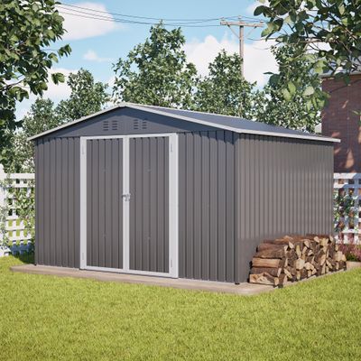 LARFOEK XXXL Metal Garden Shed 300 x 252 x 191 cm with Gable Roof and Double Doors, Gray