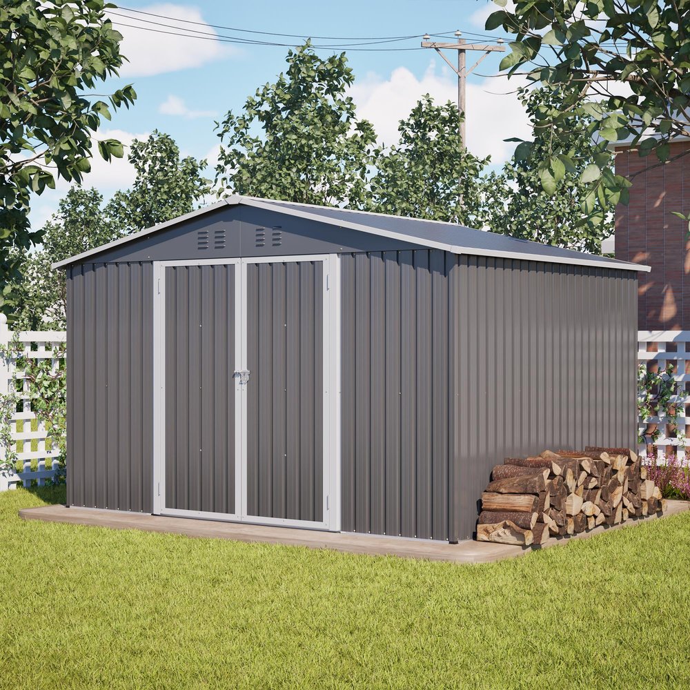 LARFOEK XXXL Metal Garden Shed 300 x 252 x 191 cm with Gable Roof and Double Doors, Gray