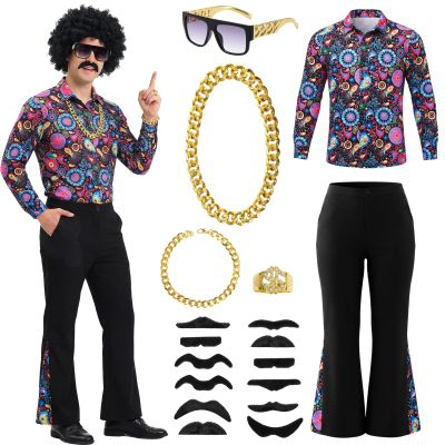 Men's 1970s Rave Party Hippie Costume Set, 18-Piece, Style C, XL