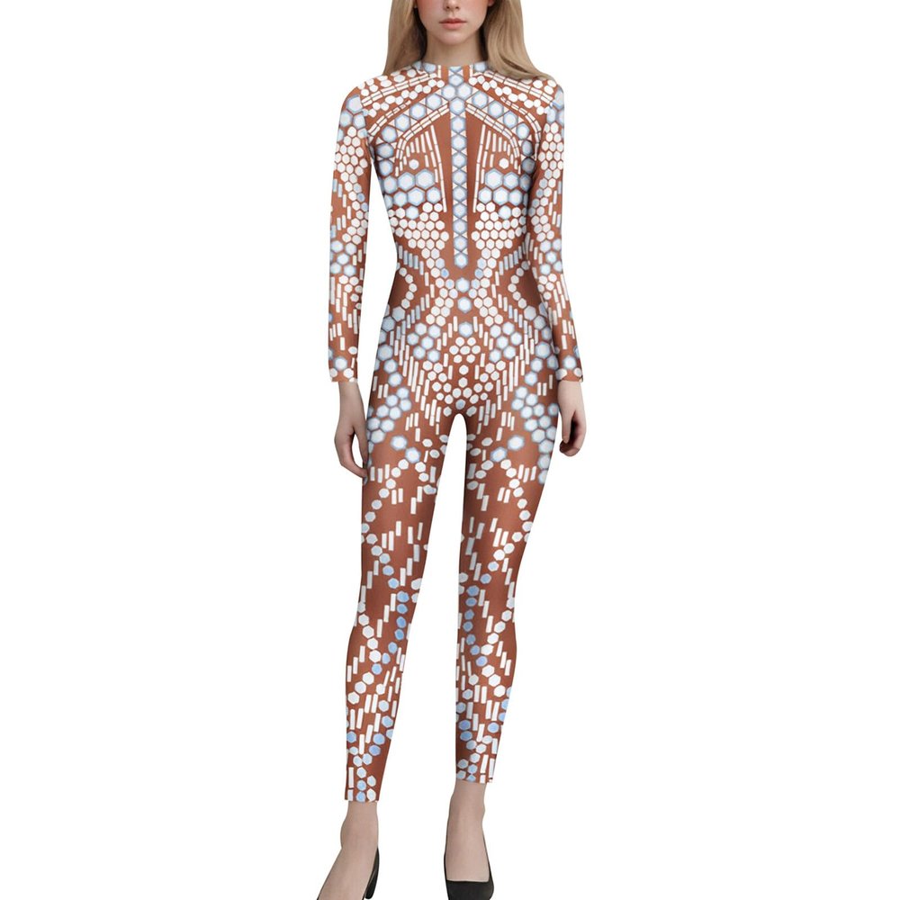 Caxndycing Women's Mecha Skeleton 3D Print Long-Sleeve Skinny Catsuit