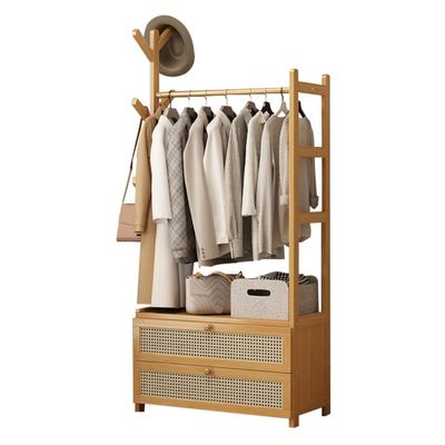 Modern Open Wood Wardrobe with Drawers and Bamboo Clothes Rod