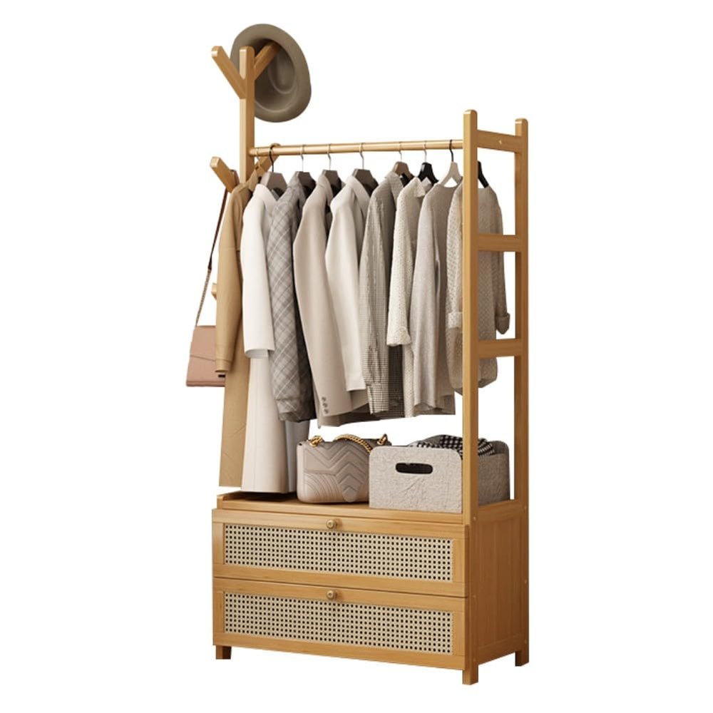 Modern Open Wood Wardrobe with Drawers and Bamboo Clothes Rod
