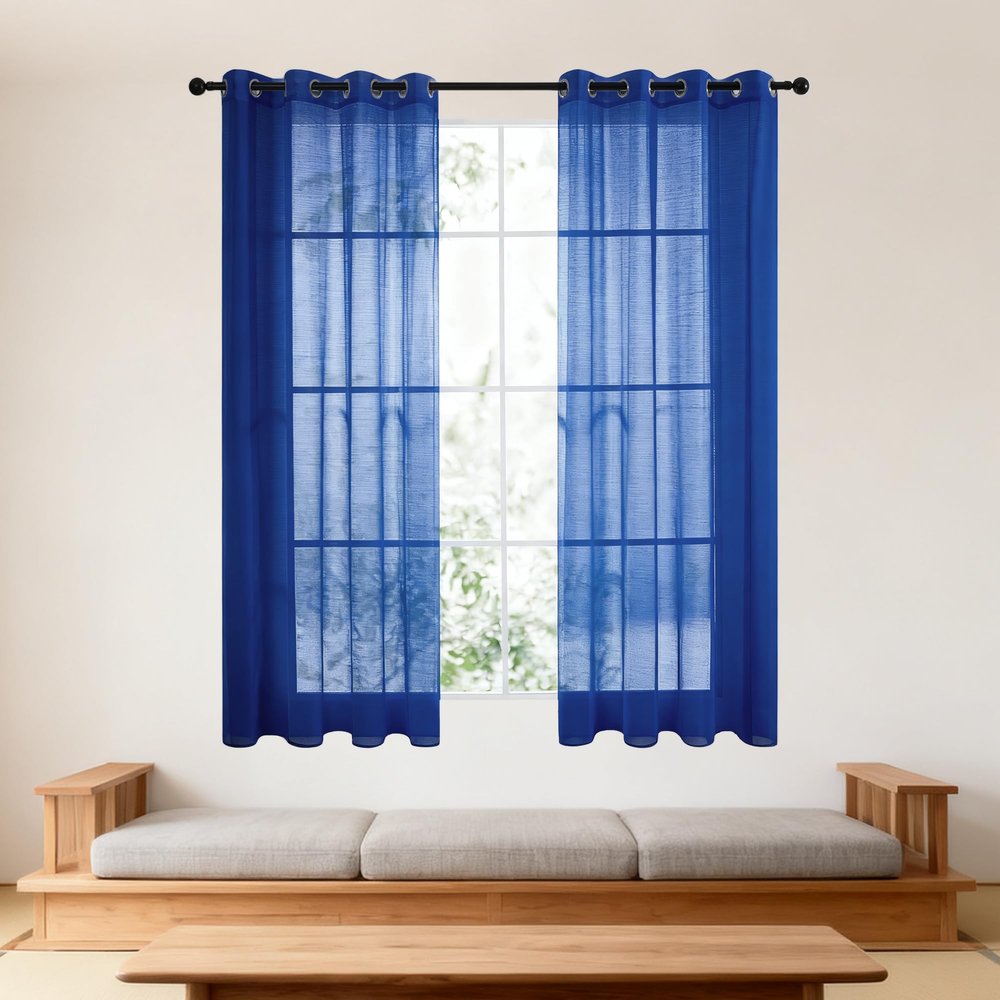 XUEXIAOH Sheer Eyelet Curtain 150 x 130 cm, Linen Look, Dark Blue