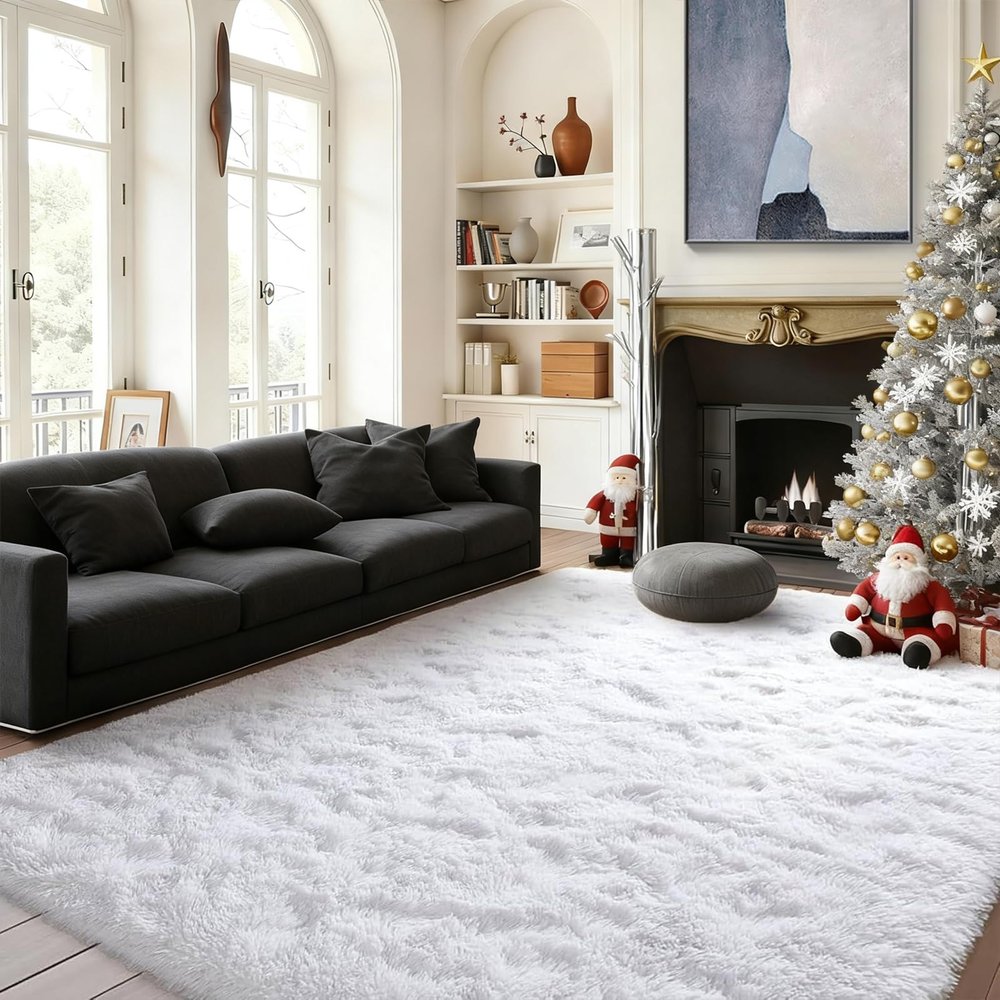 ZXIAOHUI Shaggy Rug 150 x 170 cm, Non-Slip, Plush, Super Soft, Modern Decor, Washable, White