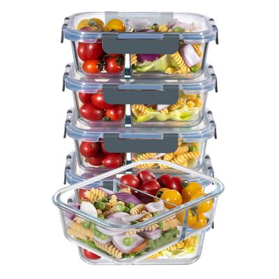 MFY 5-Pack 36 oz Glass Food Storage Containers with Lids, 2-Compartment Meal Prep Boxes, Microwave/Dishwasher Safe, Gray