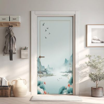 Lotus Flower Lake Door Sticker, Bird Mountain Self-Adhesive Photo Wallpaper, Removable Chinese Architecture PVC Door Mural, 77 x 200 cm