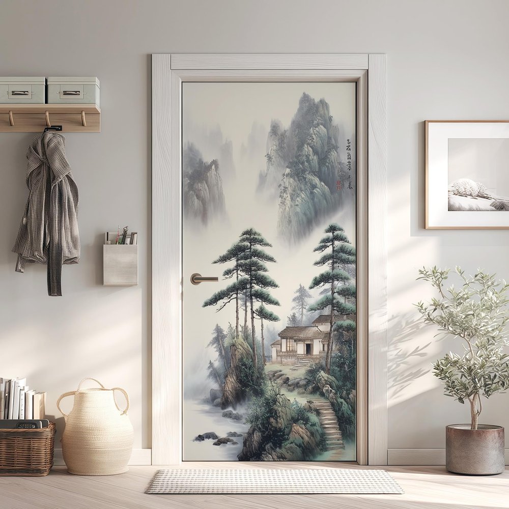 Traditional Chinese Ink Painting Door Decal, Pine Mountain Stream, 85 x 200 cm