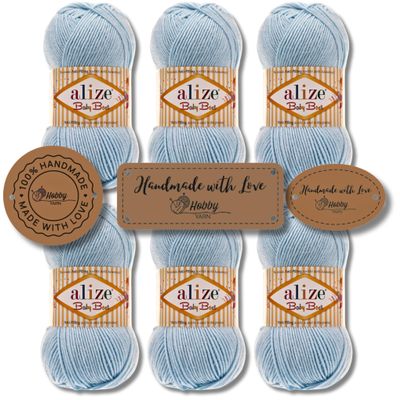 Hobby YARN 3 Sew-On Labels with Alize Baby Best Premium Yarn, 6 x 100 g Set, Anti-Pilling Acrylic/Bamboo Yarn for Knitting & Crochet (183 Ice Crystal)
