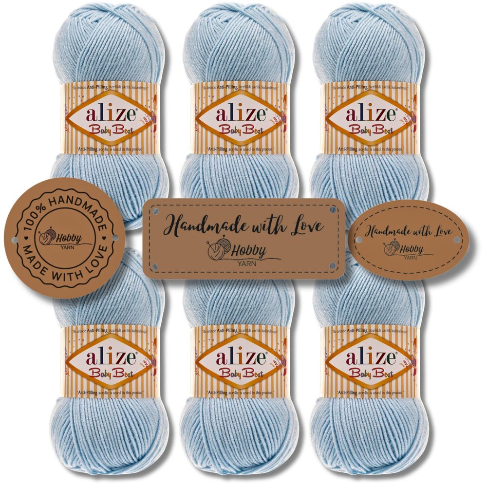 Hobby YARN 3 Sew-On Labels with Alize Baby Best Premium Yarn, 6 x 100 g Set, Anti-Pilling Acrylic/Bamboo Yarn for Knitting & Crochet (183 Ice Crystal)