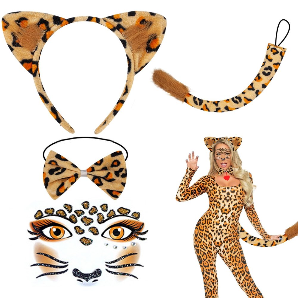 Yuwnd Leopard Costume Set for Women with Ears, Bow Tie, Tail and Face Stickers