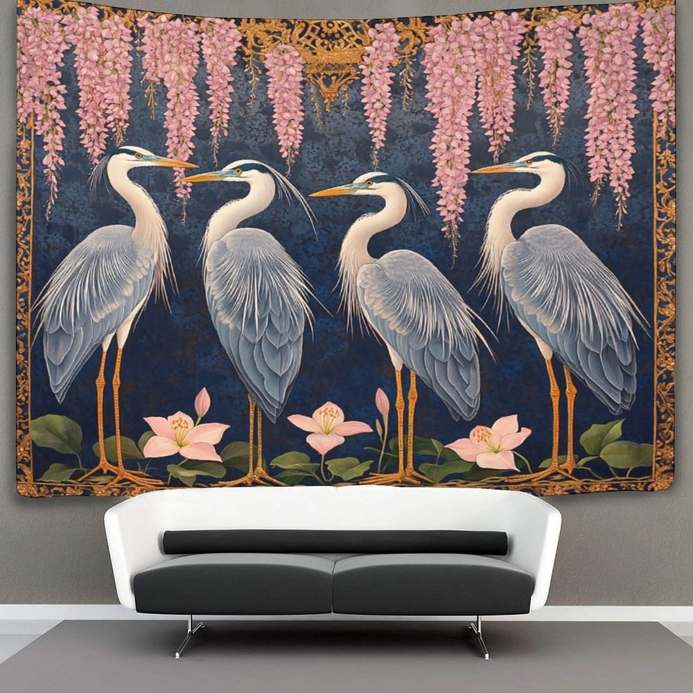 kaiyun Blue Heron Lily Pink Wisteria Wall Tapestry, Landscape Wall Art, 150 x 200 cm