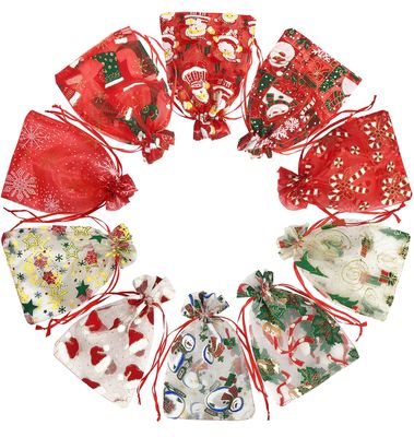 12.7 x 17.8 cm Organza Drawstring Gift Bags, Christmas Mesh Bags for Holiday Gifts (10 Pack)