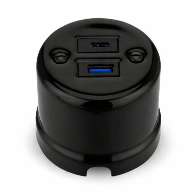 Surface-Mounted Porcelain Retro 2-Gang Outlet with USB-A/USB-C, QR1 Series, Black