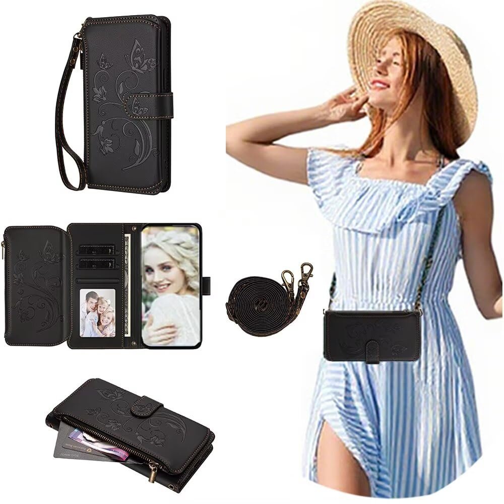 SEHEYA Case for Samsung Galaxy A07 4G / A06 5G / A06 4G, Embossed PU Leather Wallet Case with Crossbody Strap, Zipper, Black