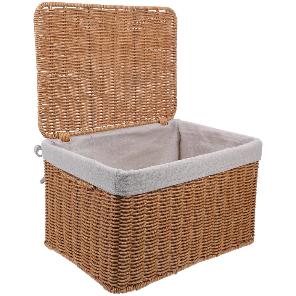 Wicker Basket with Lid, 36 x 26 x 21 cm, Rectangular with Handles