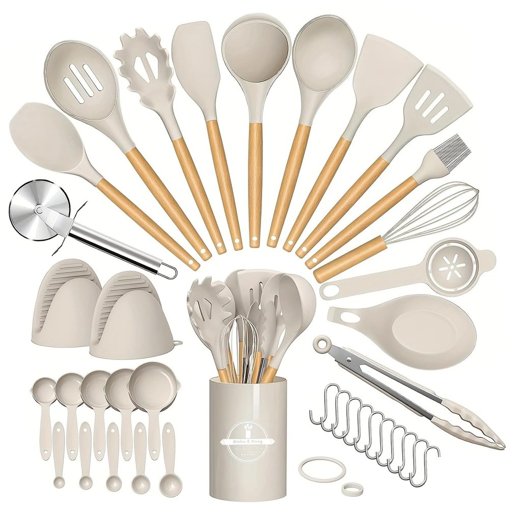 Kitchen Utensil Set, 37-Piece Cooking Utensil Set with Holder, Nonstick Silicone Utensils with Wooden Handles, Beige