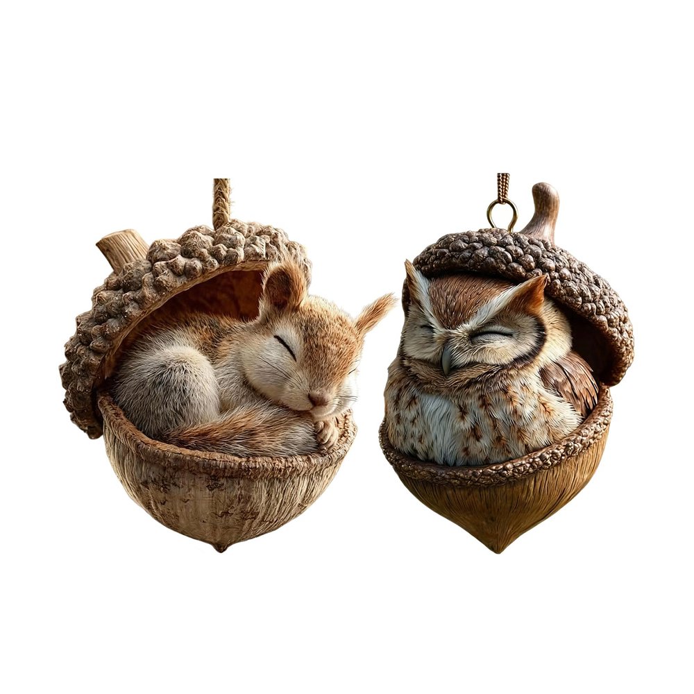 3D Forest Animal Acorn Ornaments, Woodland Animal Christmas Tree Decorations