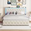 LLODERY 160 x 200 cm Double Bed with Storage and LED Headboard, Velvet, White view 1