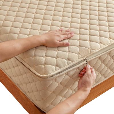 Adjustable Quilted Zippered Mattress Protector, Gray/Beige, Cotton, Breathable, Washable, 5–40 cm (170 x 200 + 27 cm)