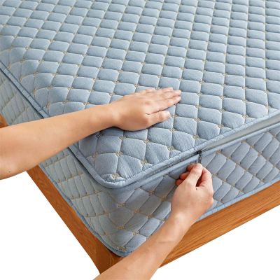 Adjustable Zipper Mattress Protector, Embroidered Quilted Cotton Encasement, Breathable, Washable Fitted Sheet, 5–40 cm (170 x 200 + 20 cm, Blue)