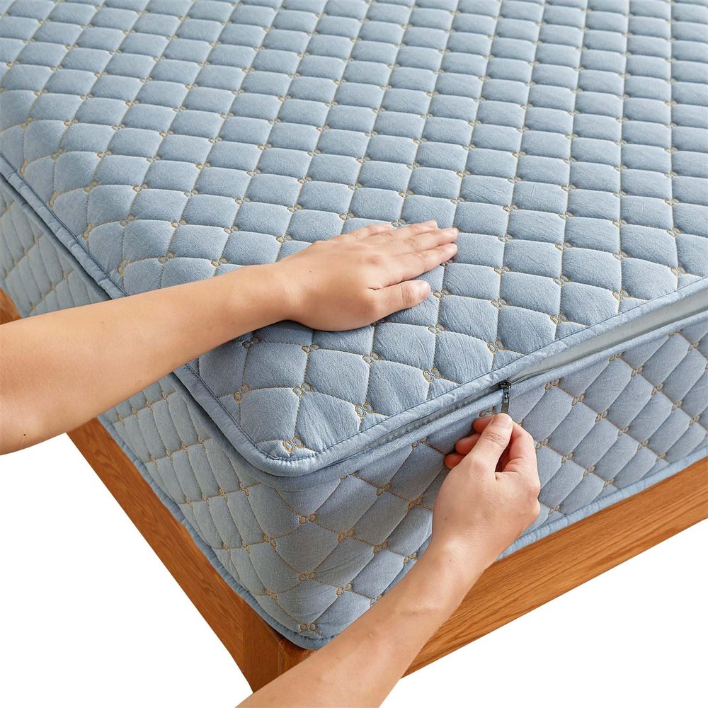 Adjustable Zipper Mattress Protector, Embroidered Quilted Cotton Encasement, Breathable, Washable Fitted Sheet, 5–40 cm (170 x 200 + 20 cm, Blue)