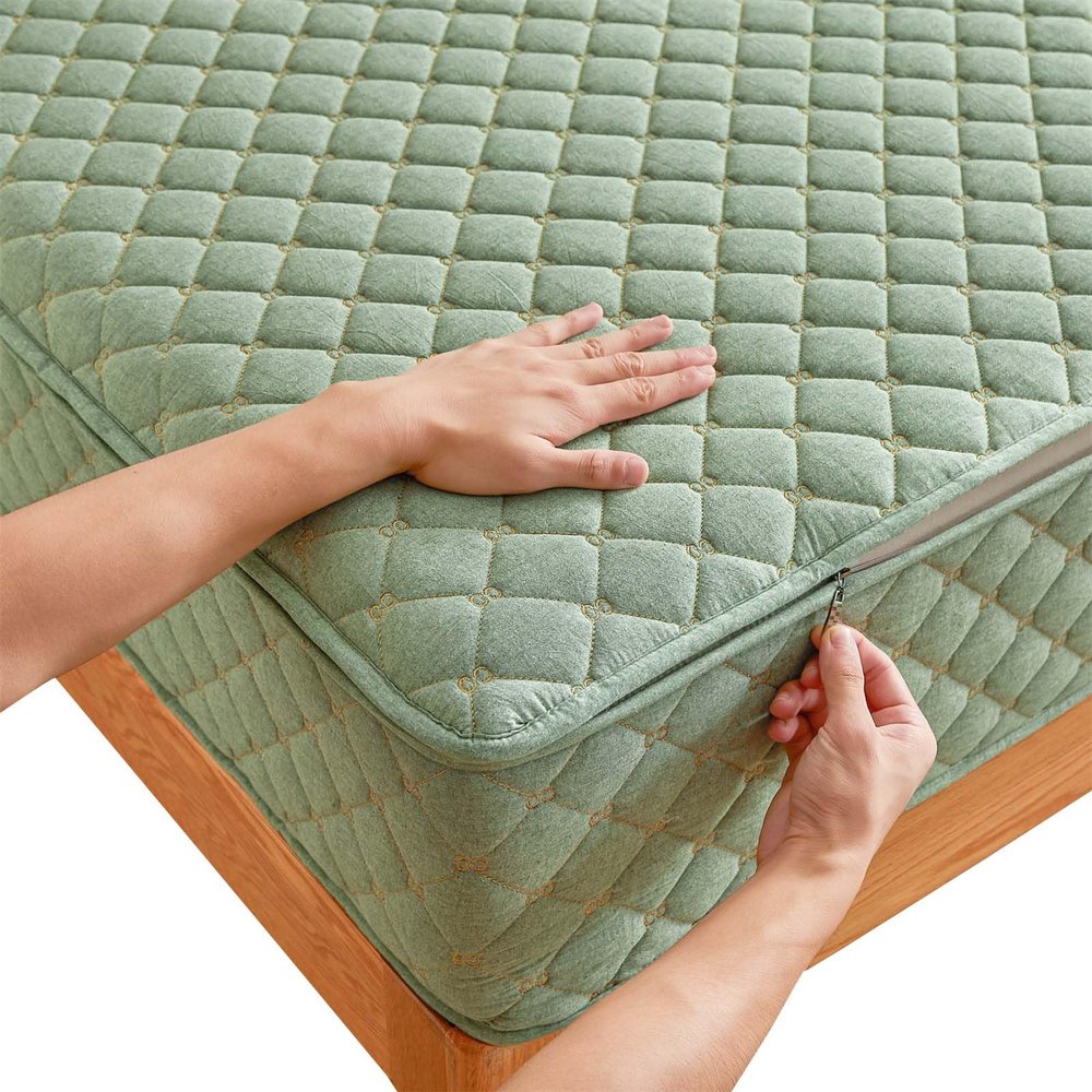 Adjustable Zippered Embroidered Quilted Mattress Protector, Gray/Beige, Cotton, Breathable, Washable, 5–40 cm (130 x 200 + 8 cm), Green