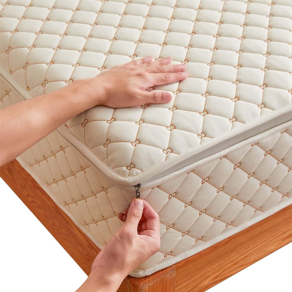 Adjustable Zippered Mattress Protector, Quilted Embroidered Cotton Mattress Cover, Breathable, Washable Fitted Sheet, 5–40 cm (70 x 200 + 5 cm, White)
