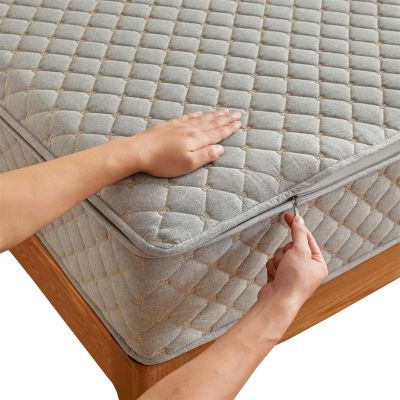 Adjustable Quilted Zipper Mattress Protector, Gray/Beige, Cotton, 120 x 190 cm + 18 cm