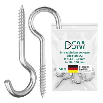 DSM Stainless Steel A2 Screw Hooks with Wood Thread, 5.0 x 80 mm, 50-Pack