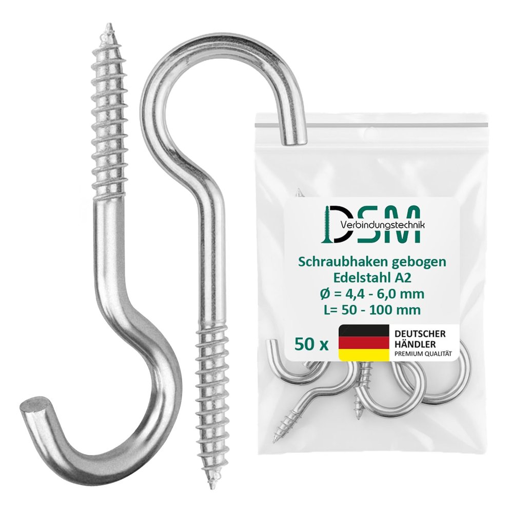 DSM Stainless Steel A2 Screw Hooks with Wood Thread, 5.0 x 80 mm, 50-Pack
