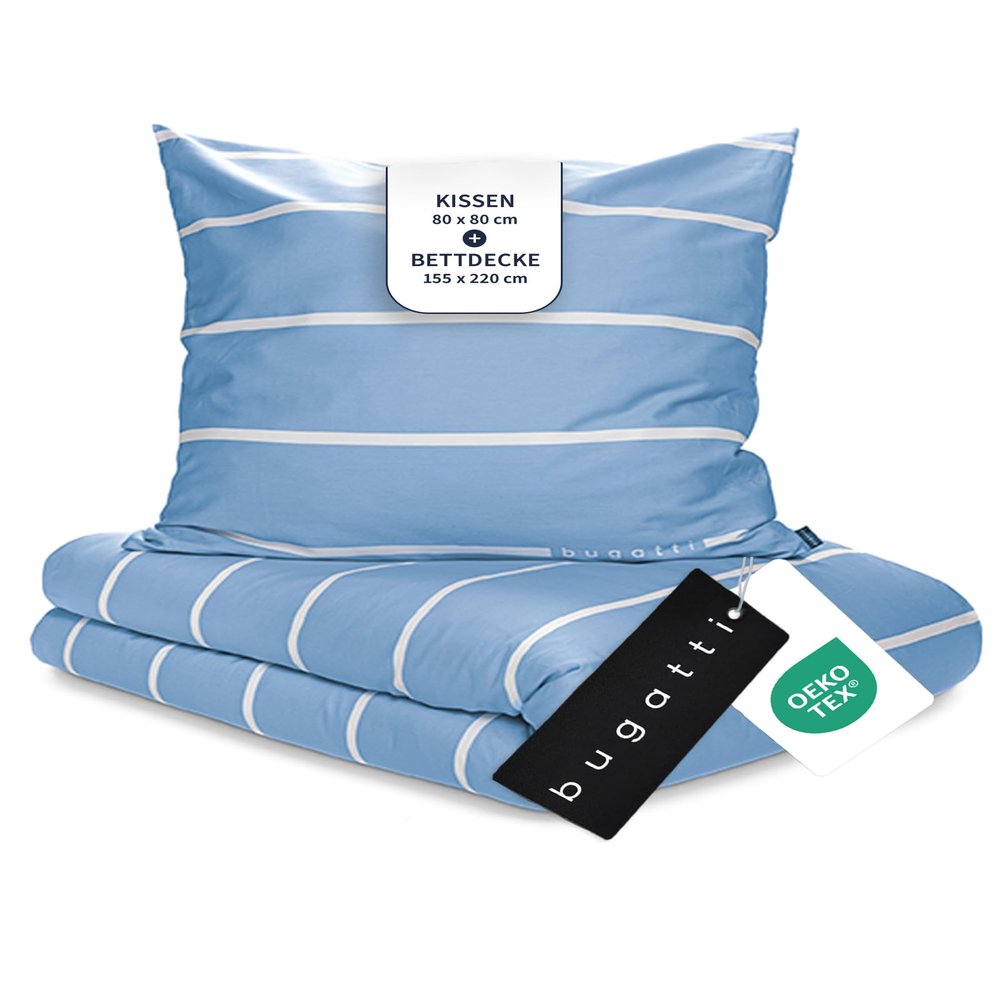 bugatti Bedding Set 155 x 220 cm, 2-Piece, 100% Cotton, Blue/White