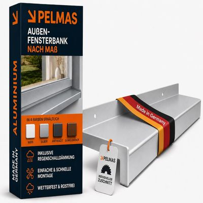 PELMAS Premium Aluminum Window Sill, Custom-Cut up to 2.5 m, with Rain Noise Insulation, Silver E6/EV1, D x L | 38 x 60 cm