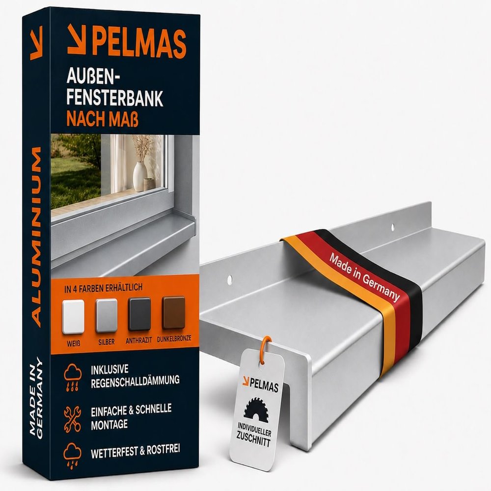 PELMAS Premium Aluminum Window Sill, Custom-Cut up to 2.5 m, with Rain Noise Insulation, Silver E6/EV1, D x L | 38 x 60 cm
