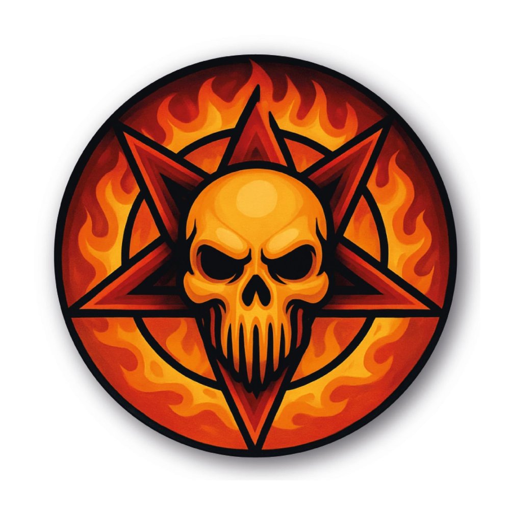 Round Flaming Skull Sticker in Orange and Red, 6 x 6 cm (S)