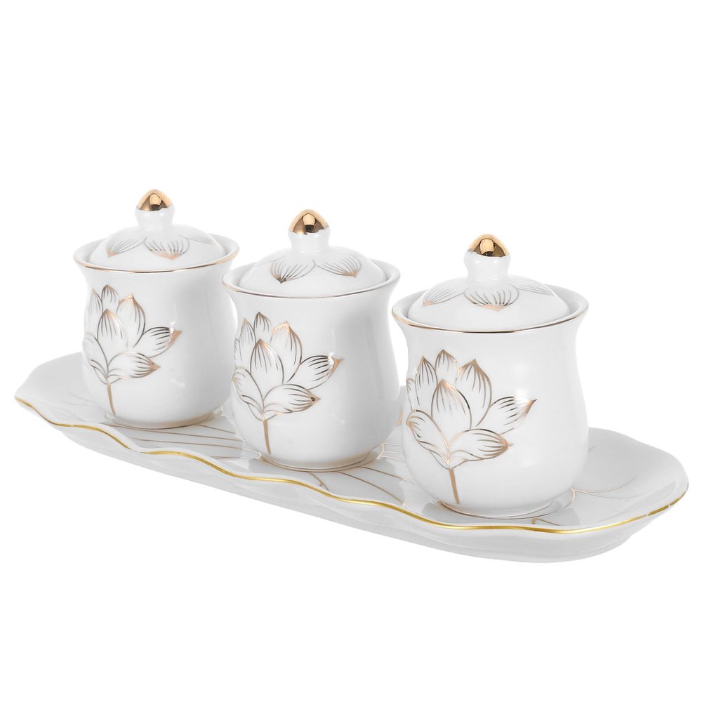BESPORTBLE Ceramic Buddhist Offering Cups with Lotus Design, Offering Bowl and Tray, Break-Resistant, White and Gold
