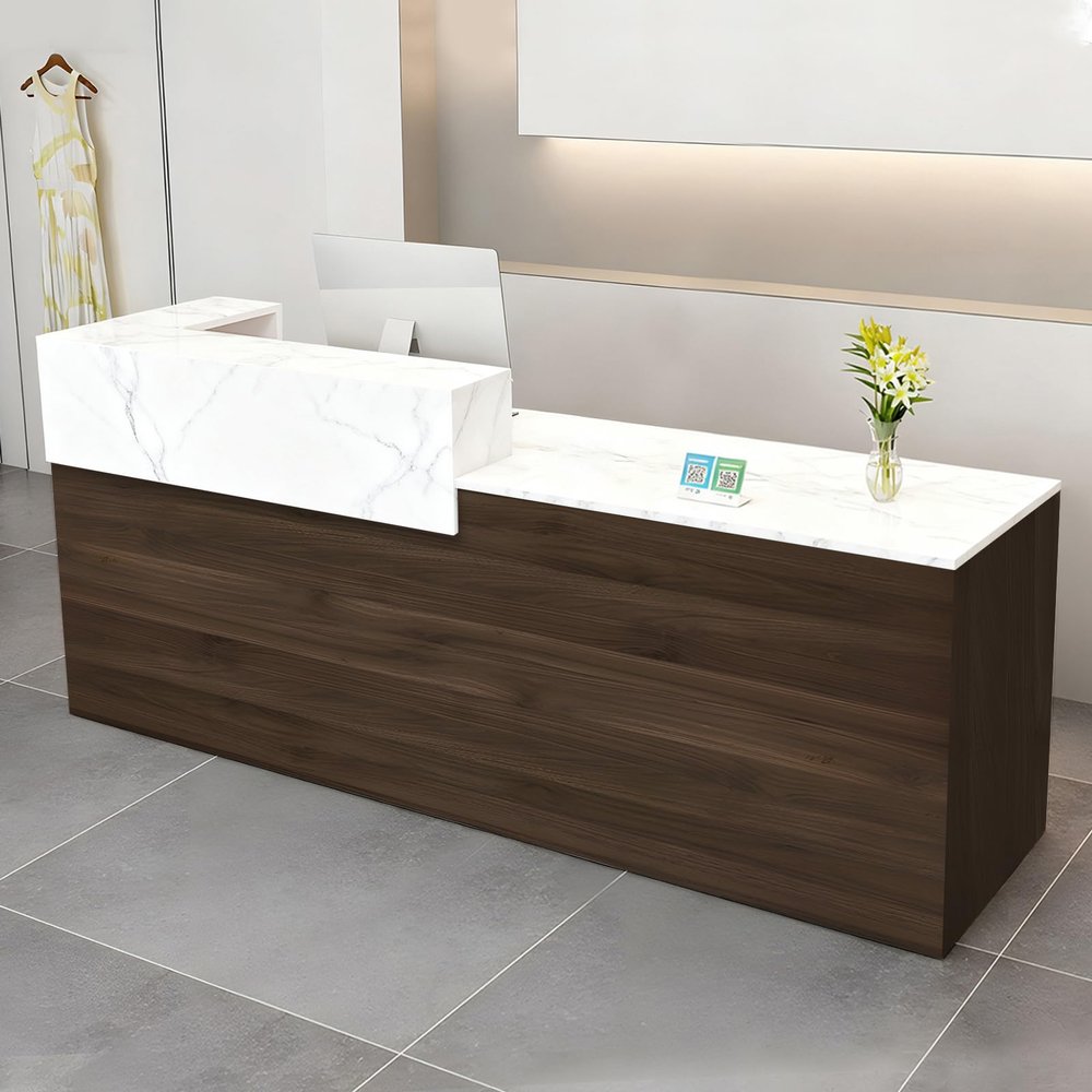 CCUKTFN Reception Counter with Drawer and Open Shelves, 100 × 240 cm, Modern Reception Desk for Offices, Salons, Lobbies, and Retail Stores