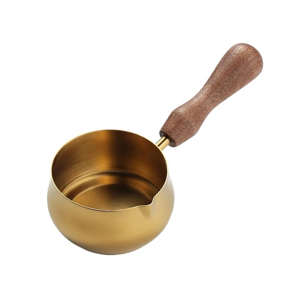 2-Piece Stainless Steel Milk Frothing Cups with Wooden Handle, Gold, 60 mL