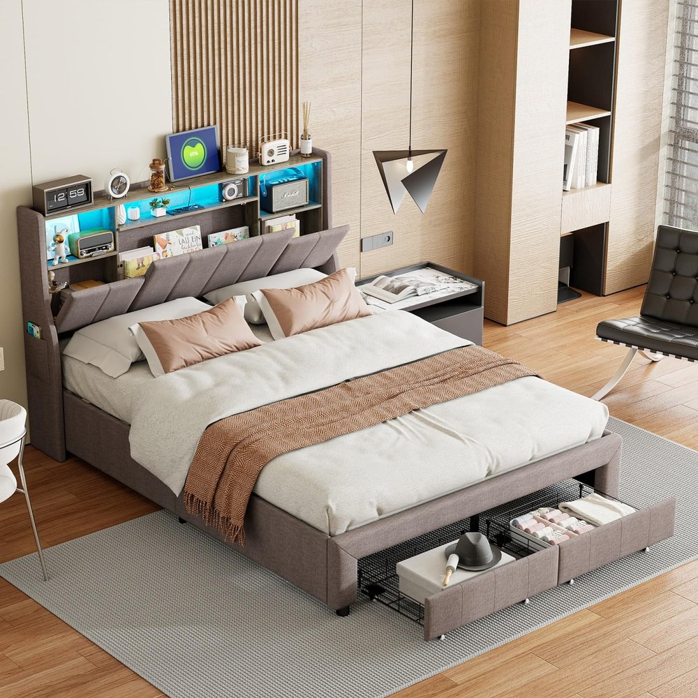 Storage Bed 140 x 200 cm with 4 Drawers, LED Headboard and Charging Station, Velvet, White-Pink (Gray, 160 x 200 cm)
