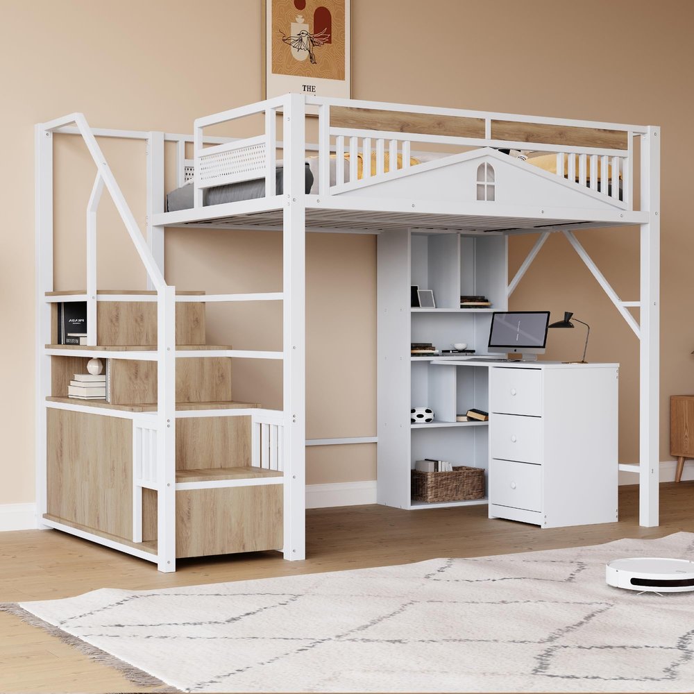 Idemon Metal Loft Bed 140 x 200 cm with Safety Enclosure and Storage, White, No Mattress