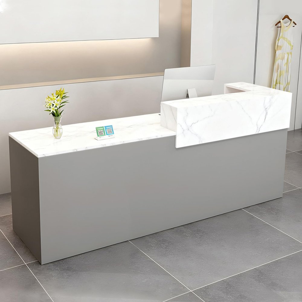 CCUKTFN Reception Desk with Drawer and Open Shelves, Modern Reception Counter 100 × 240 cm