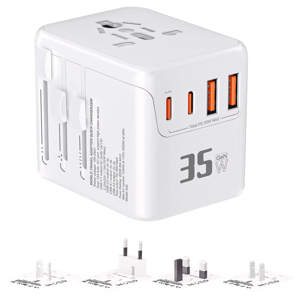 Worldwide Travel Adapter with 2 USB-C and 2 USB-A Ports