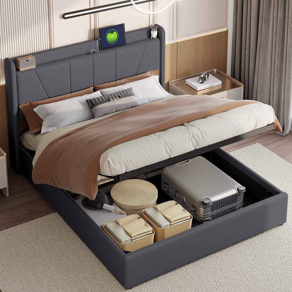 Upholstered Bed Frame 160 x 200 cm with Storage, USB Port and Slatted Base, Gray Linen, No Mattress