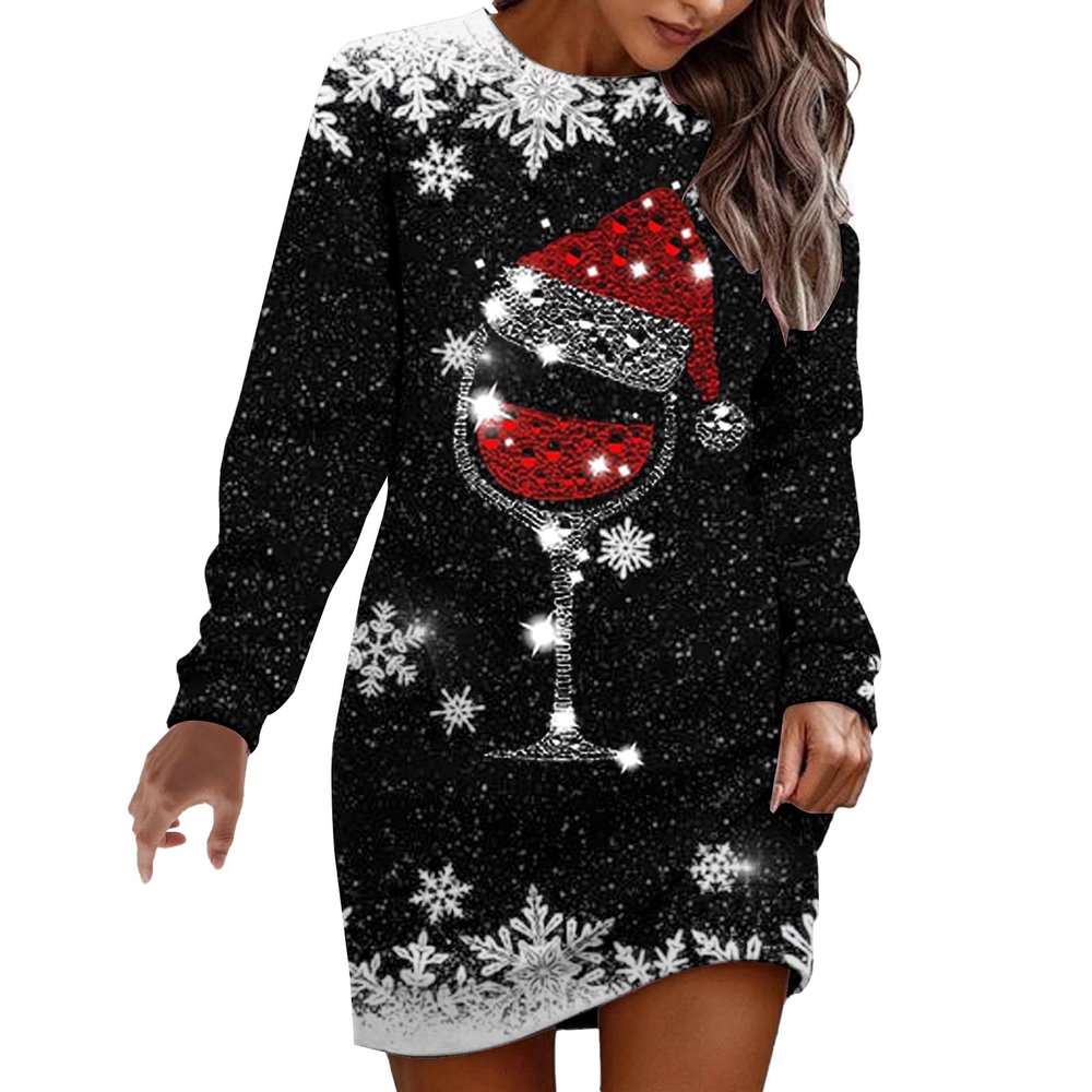 Women's Christmas Dress, Long-Sleeve Round-Neck Pullover Dress, Knee-Length