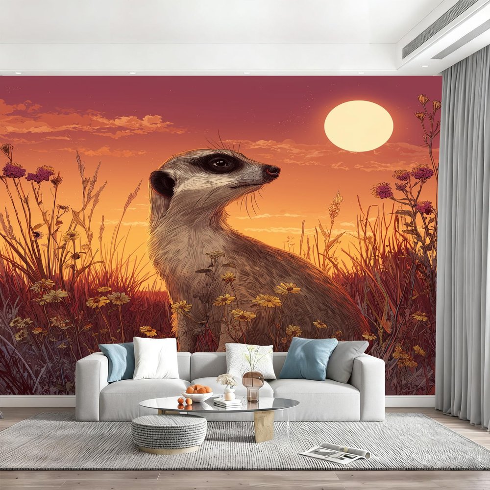 Daisies Sunset Landscape Photo Wallpaper, Nonwoven, 450 x 315 cm (W x H), Meerkat Orange