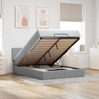 Generic Upholstered Double Bed with Mattress and Topper, Storage, Light Gray, 140 x 190 cm, Blockwithsquares