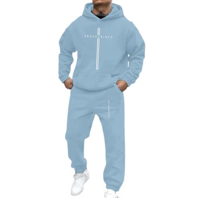 Gnrique Jesuscristo Men's Tracksuit with Cross and Alphabet Print, Jesus Hooded Sweatshirt and Pocketed Joggers, 2-Piece Oversized Streetwear Set, Sky Blue, L