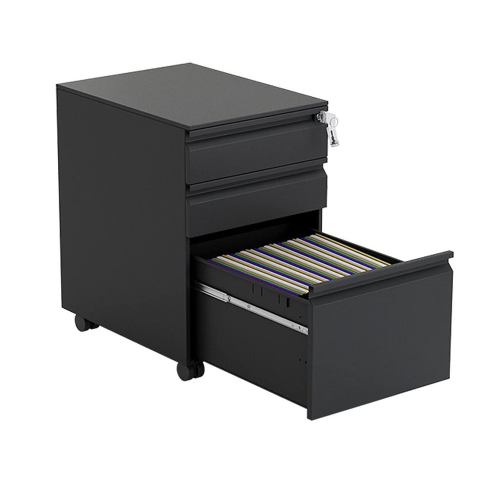 Mobile Metal Filing Cabinet with 3 Lockable Drawers for Under-Desk Use, Fully Assembled with Casters, Black