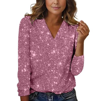 Women's Silver Long-Sleeve Sequin Top with V-Neck