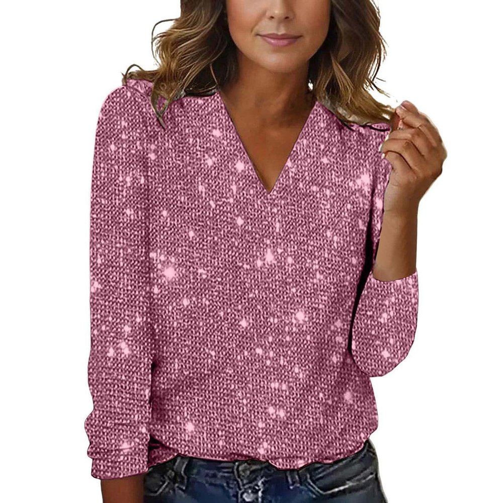 Women's Silver Long-Sleeve Sequin Top with V-Neck